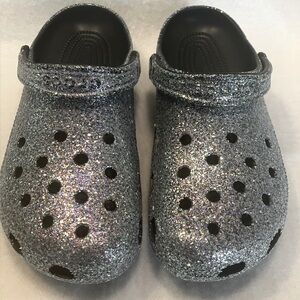 Glitter Crocs, clog style, black glitter, never worn. Women’s 9, Men’s 7